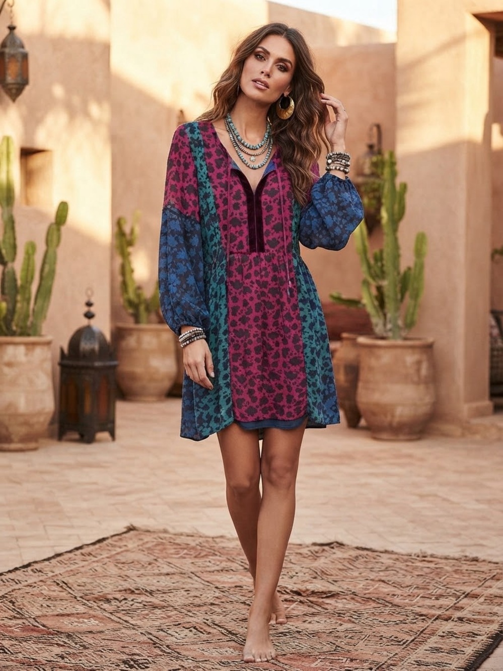 Matilda Jane Mixed-Print V-Neck Mini Dress in Magenta, Teal & Navy